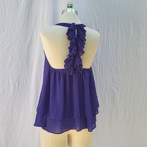 Ladies T-back top, ruffled back, royal blue, sheer layers, scoop neck, sz S